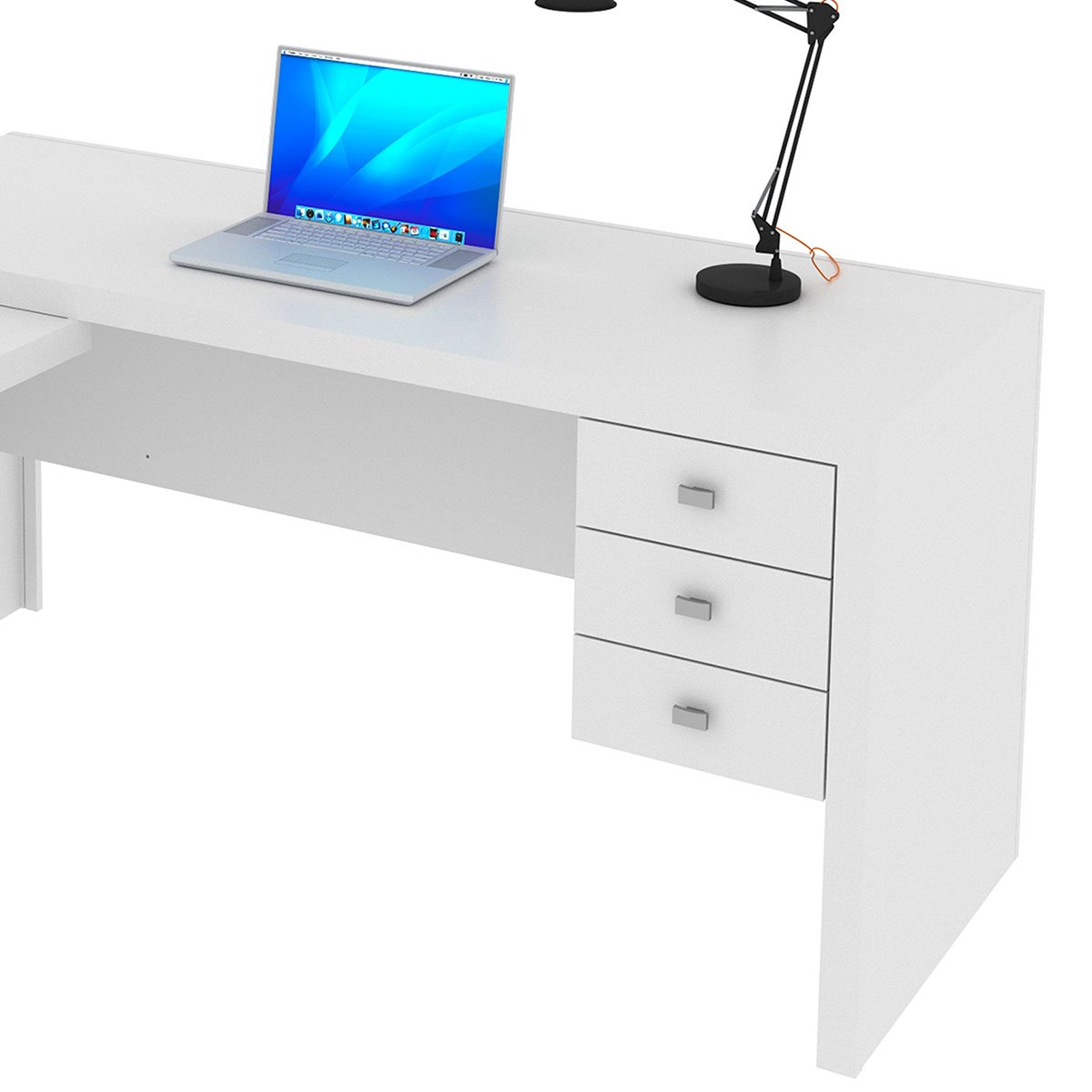 Mesa de Canto para Escritório em L Angular com 3 Gavetas Branco