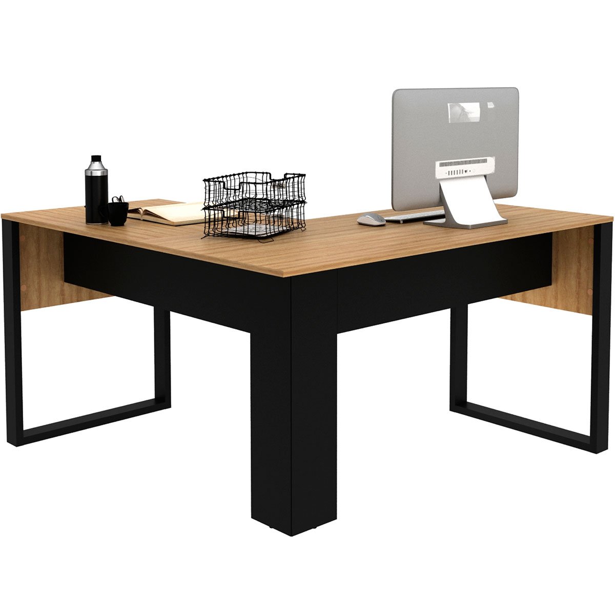 Mesa de Canto para Escritório em L MDP Amêndoa/Preto