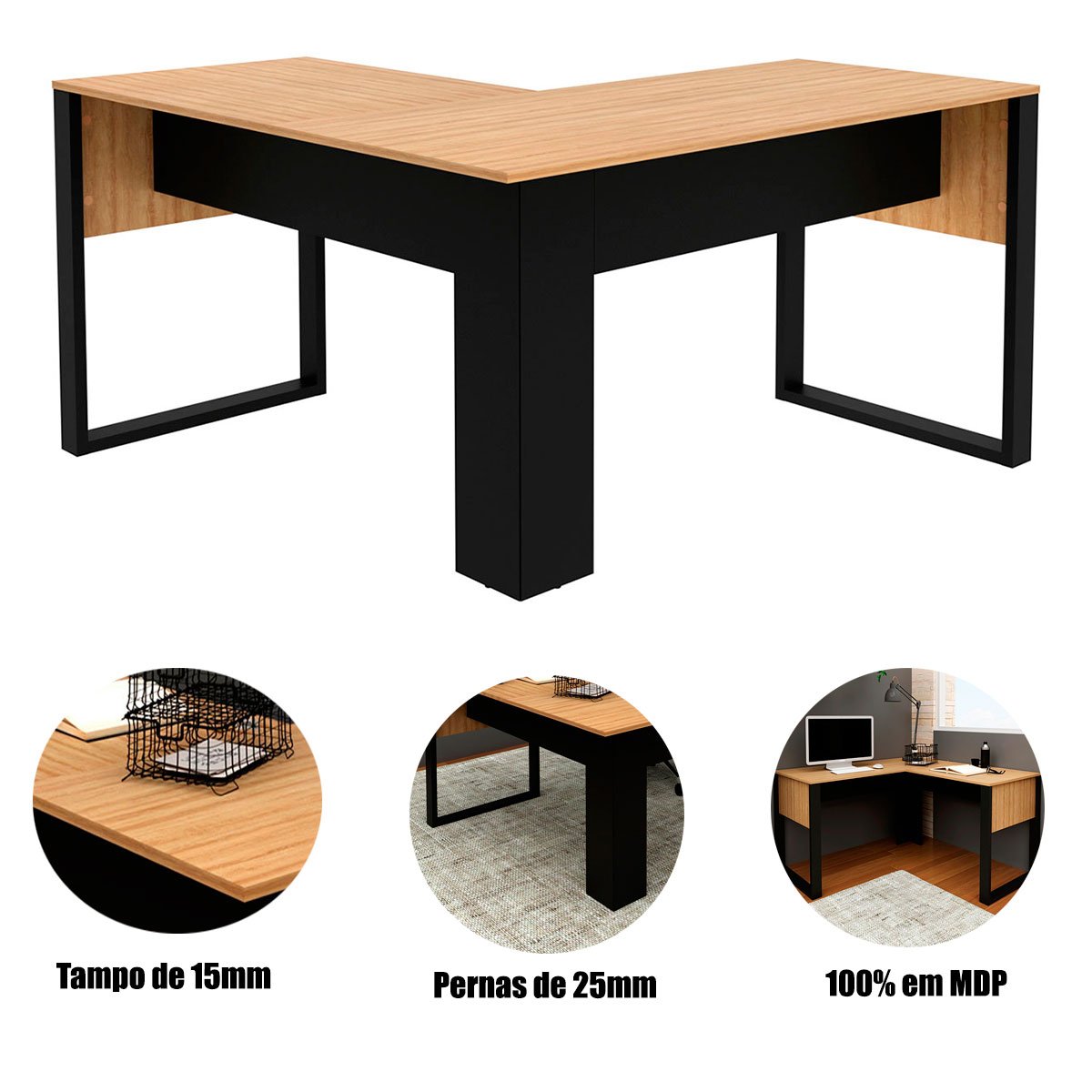 Mesa de Canto para Escritório em L MDP Amêndoa/Preto