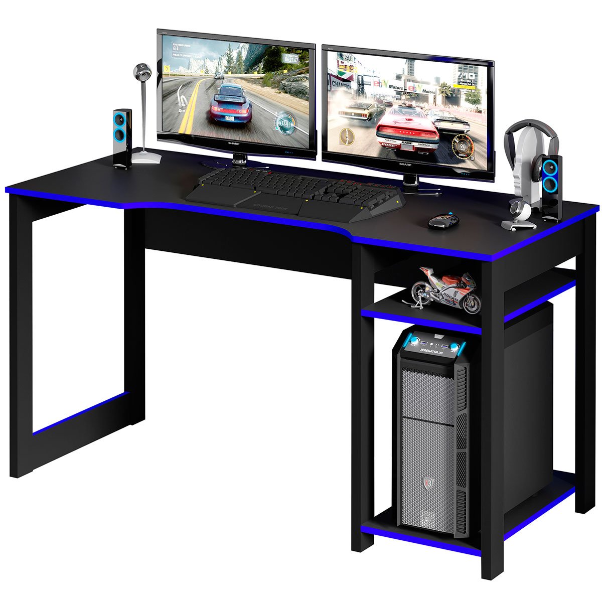 Mesa para Computador Gamer Espaço para 2 Monitores e CPU Preto/Azul