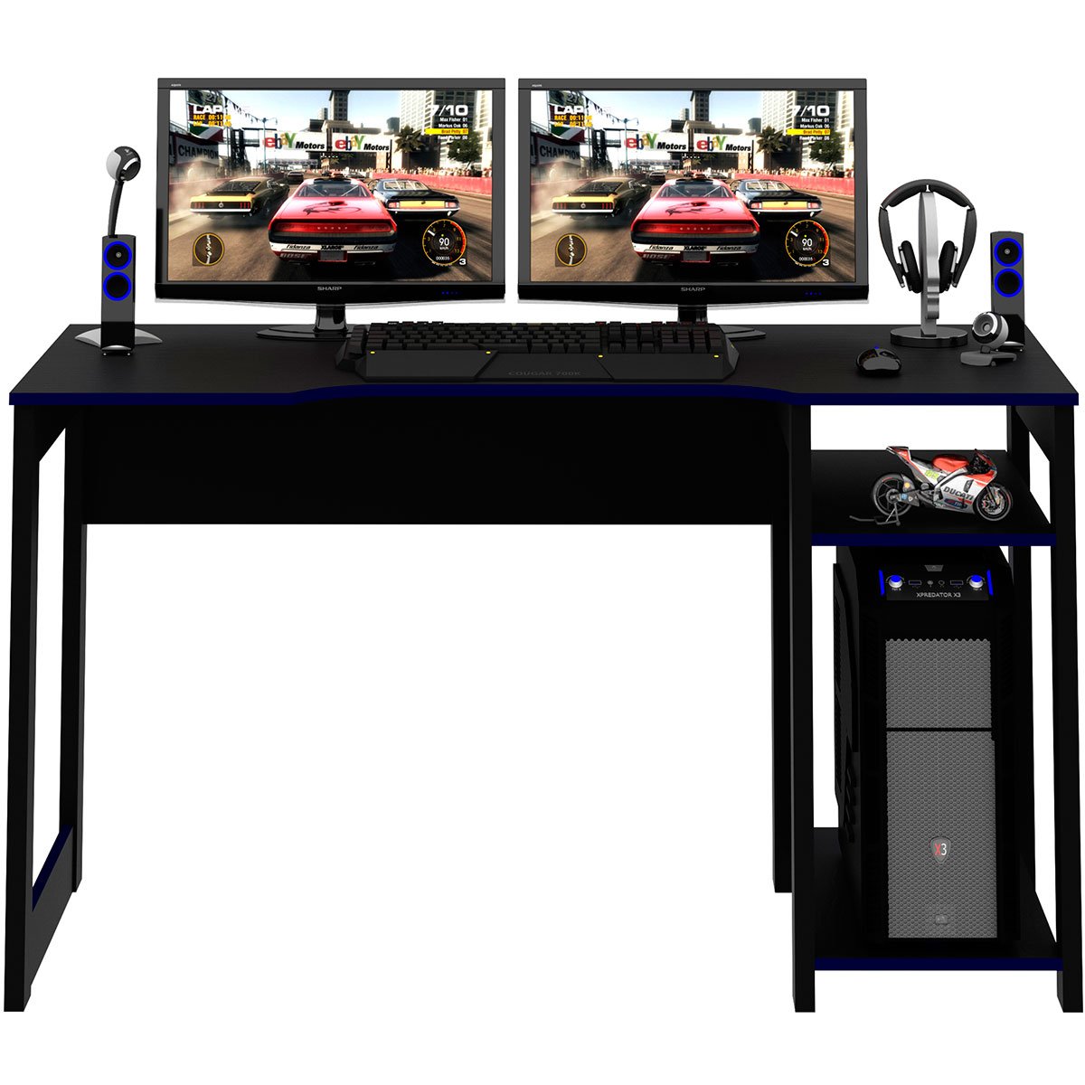 Mesa para Computador Gamer Espaço para 2 Monitores e CPU Preto/Azul