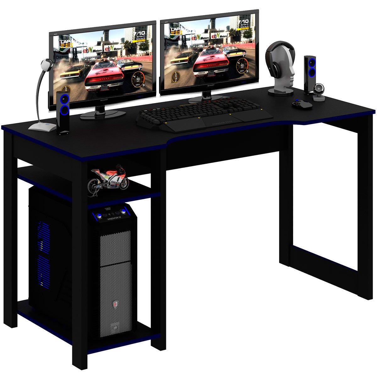 Mesa para Computador Gamer Espaço para 2 Monitores e CPU Preto/Azul