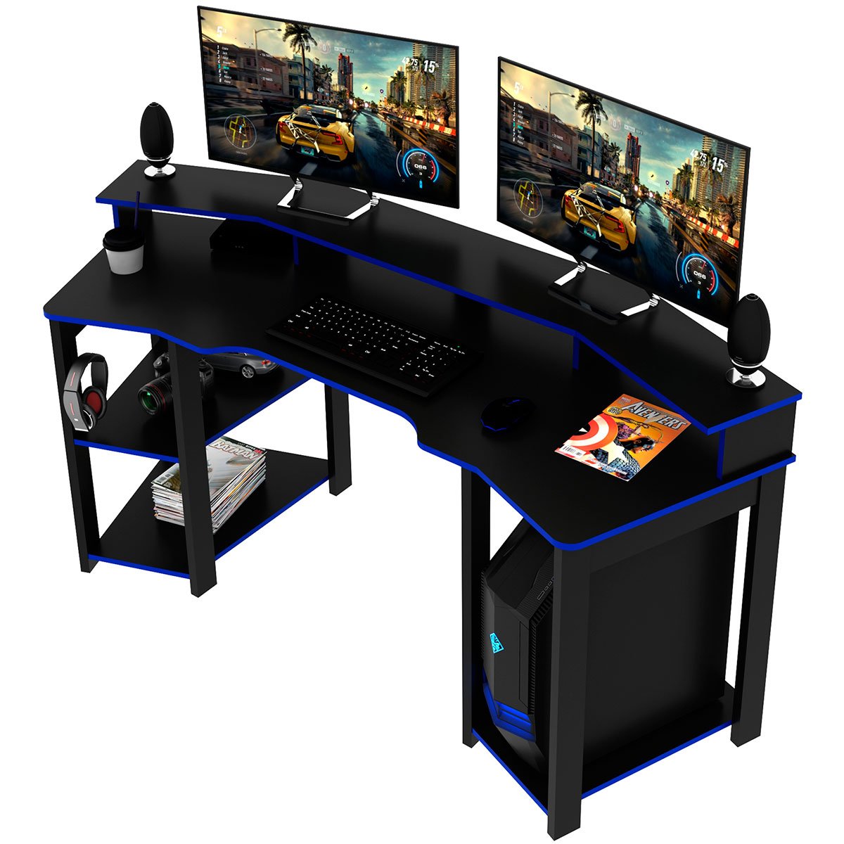Mesa para Computador Gamer Espaço para 2 Monitores e CPU Preto/Azul