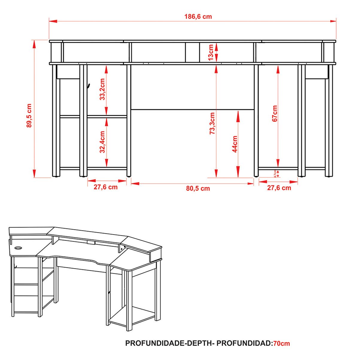 Mesa para Computador Gamer Espaço para 2 Monitores e CPU Preto/Azul