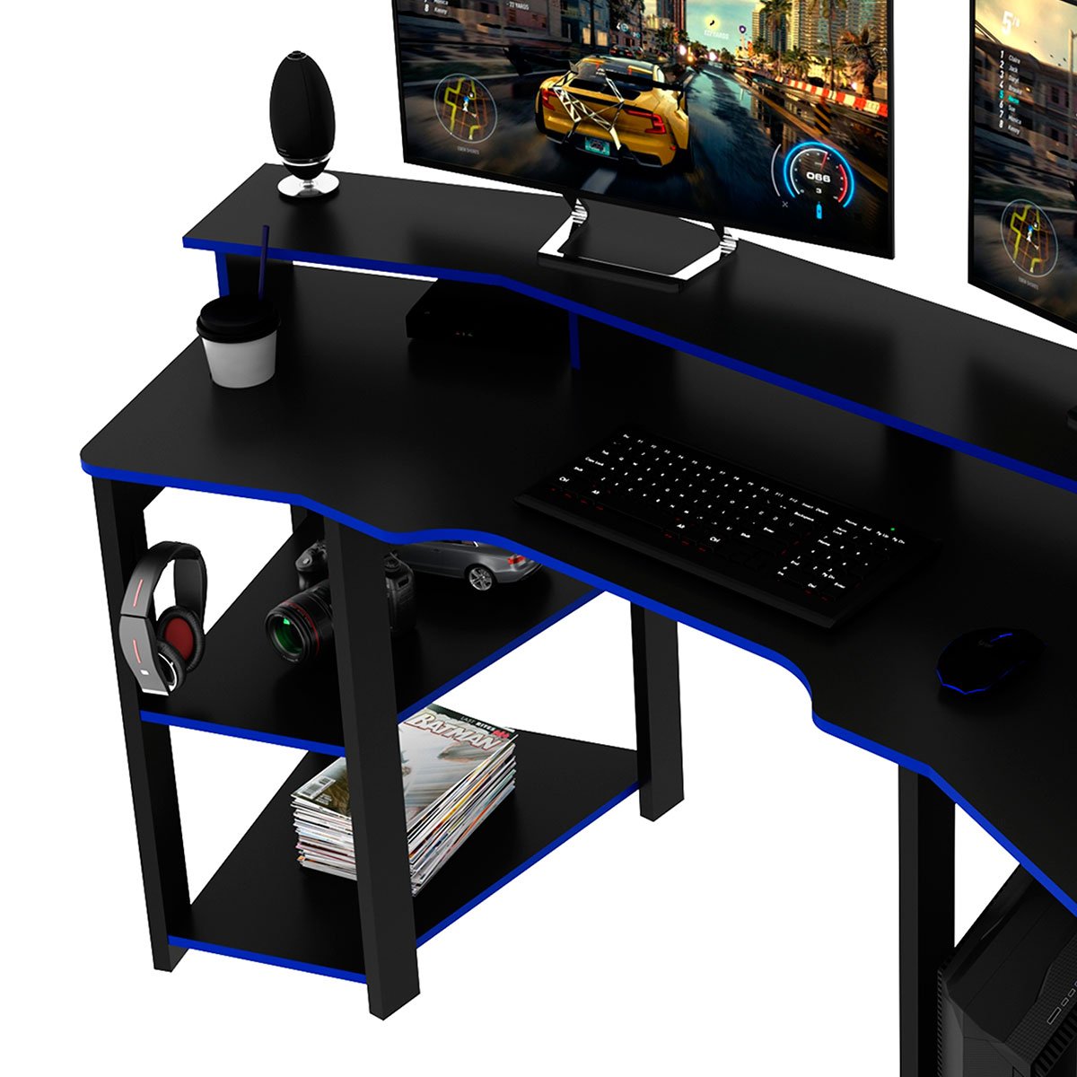 Mesa para Computador Gamer Espaço para 2 Monitores e CPU Preto/Azul