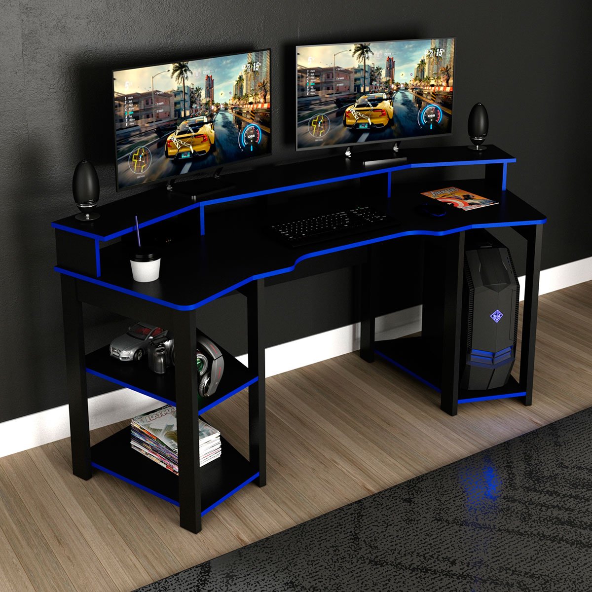 Mesa para Computador Gamer Espaço para 2 Monitores e CPU Preto/Azul