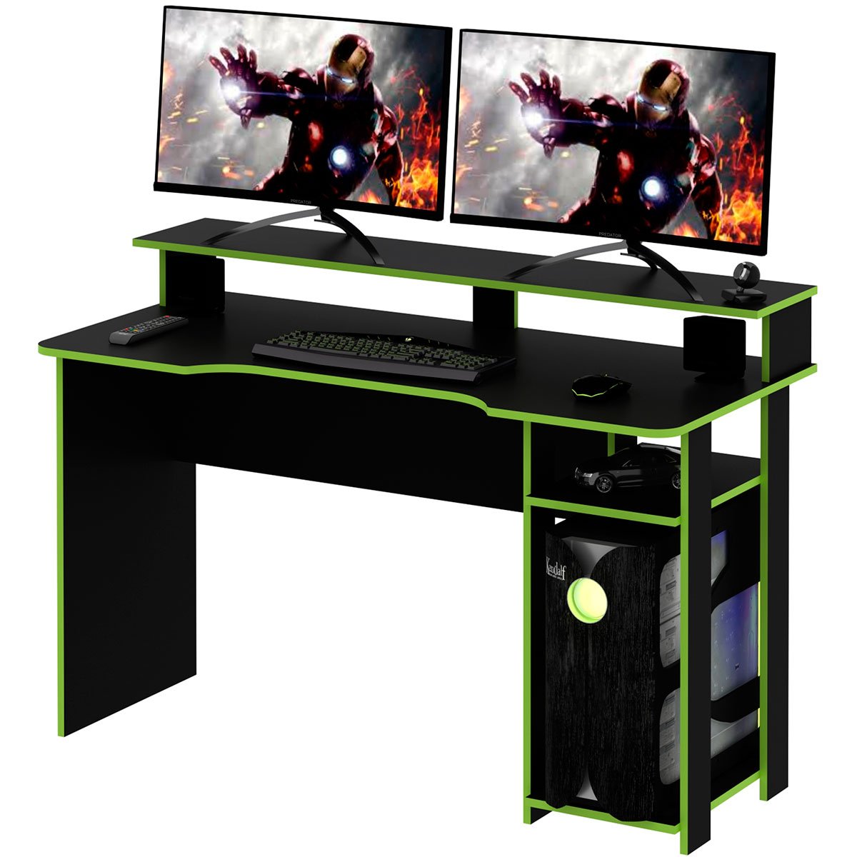 Mesa para Computador Gamer Espaço para 2 Monitores e CPU Preto/Verde