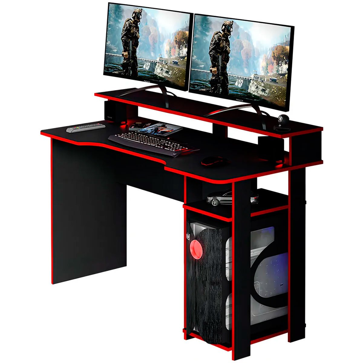 Mesa para Computador Gamer Espaço para 2 Monitores e CPU Preto/Vermelho