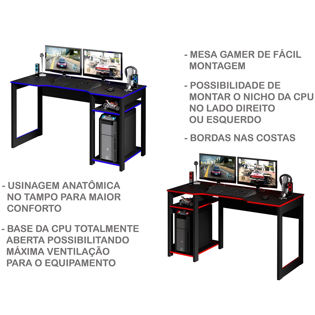 Mesa para Computador Gamer Espaço para 2 Monitores e CPU Preto/Vermelho