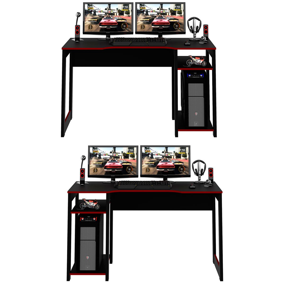 Mesa para Computador Gamer Espaço para 2 Monitores e CPU Preto/Vermelho
