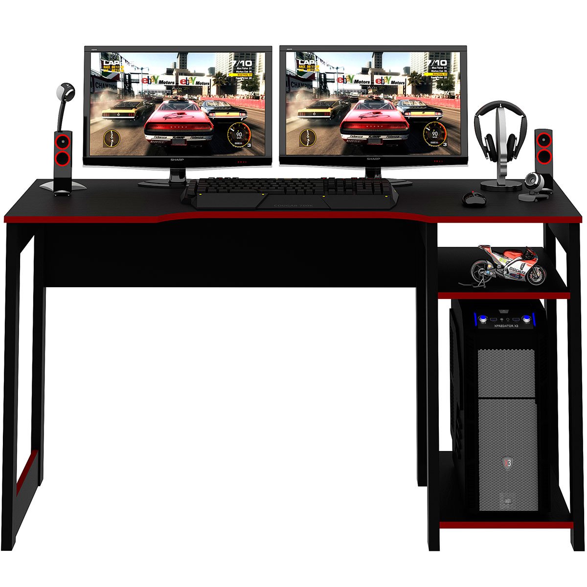 Mesa para Computador Gamer Espaço para 2 Monitores e CPU Preto/Vermelho