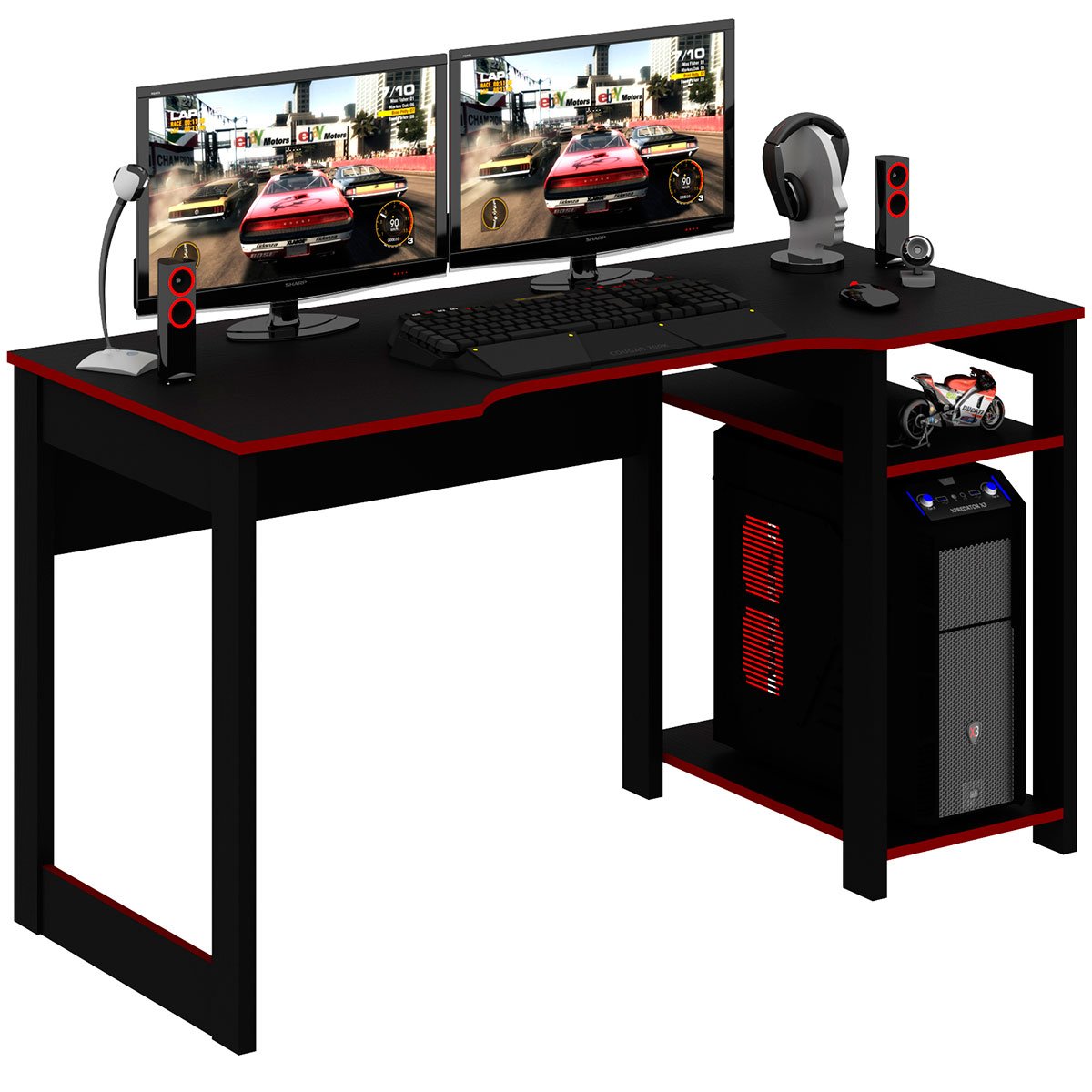 Mesa para Computador Gamer Espaço para 2 Monitores e CPU Preto/Vermelho