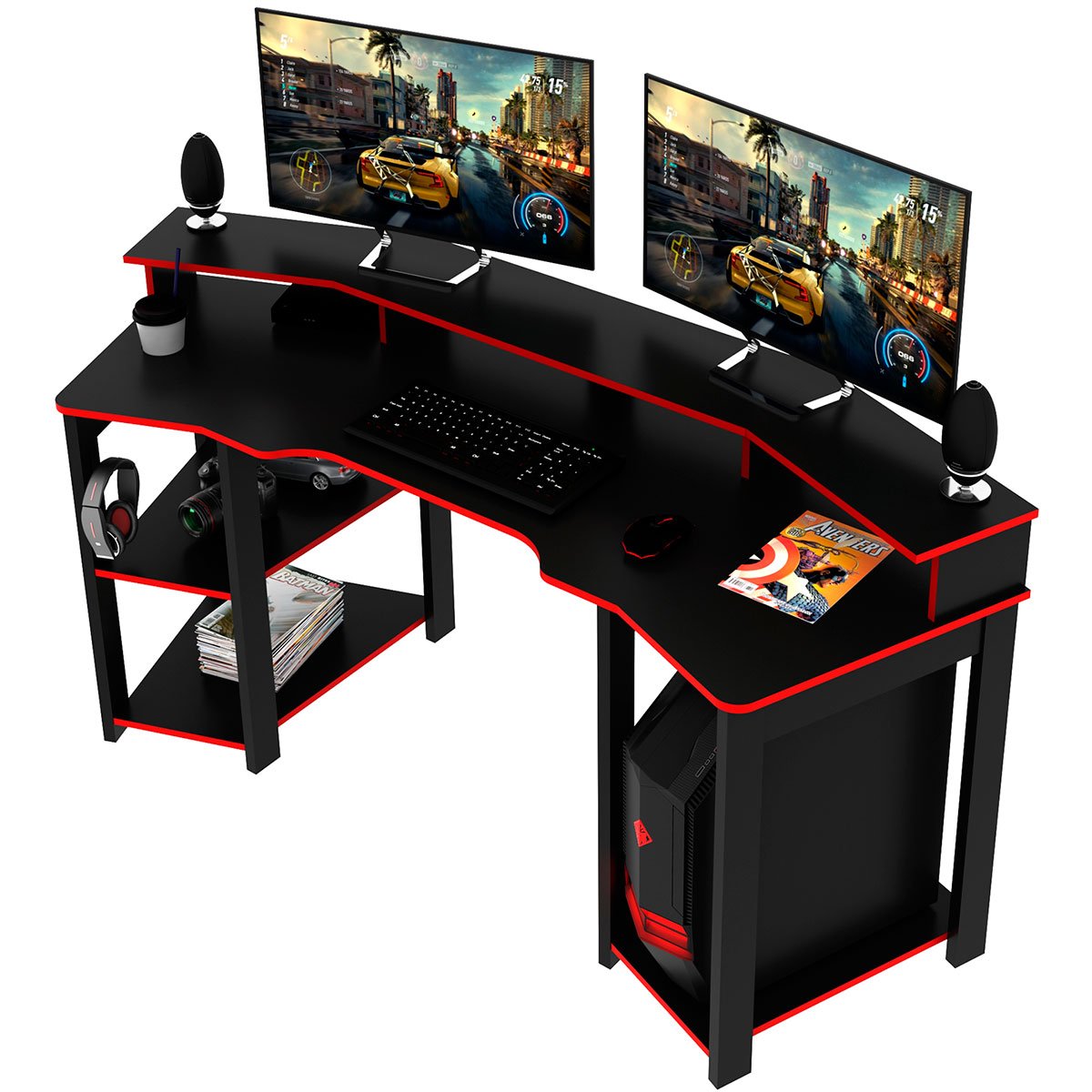 Mesa para Computador Gamer Espaço para 2 Monitores e CPU Preto/Vermelho