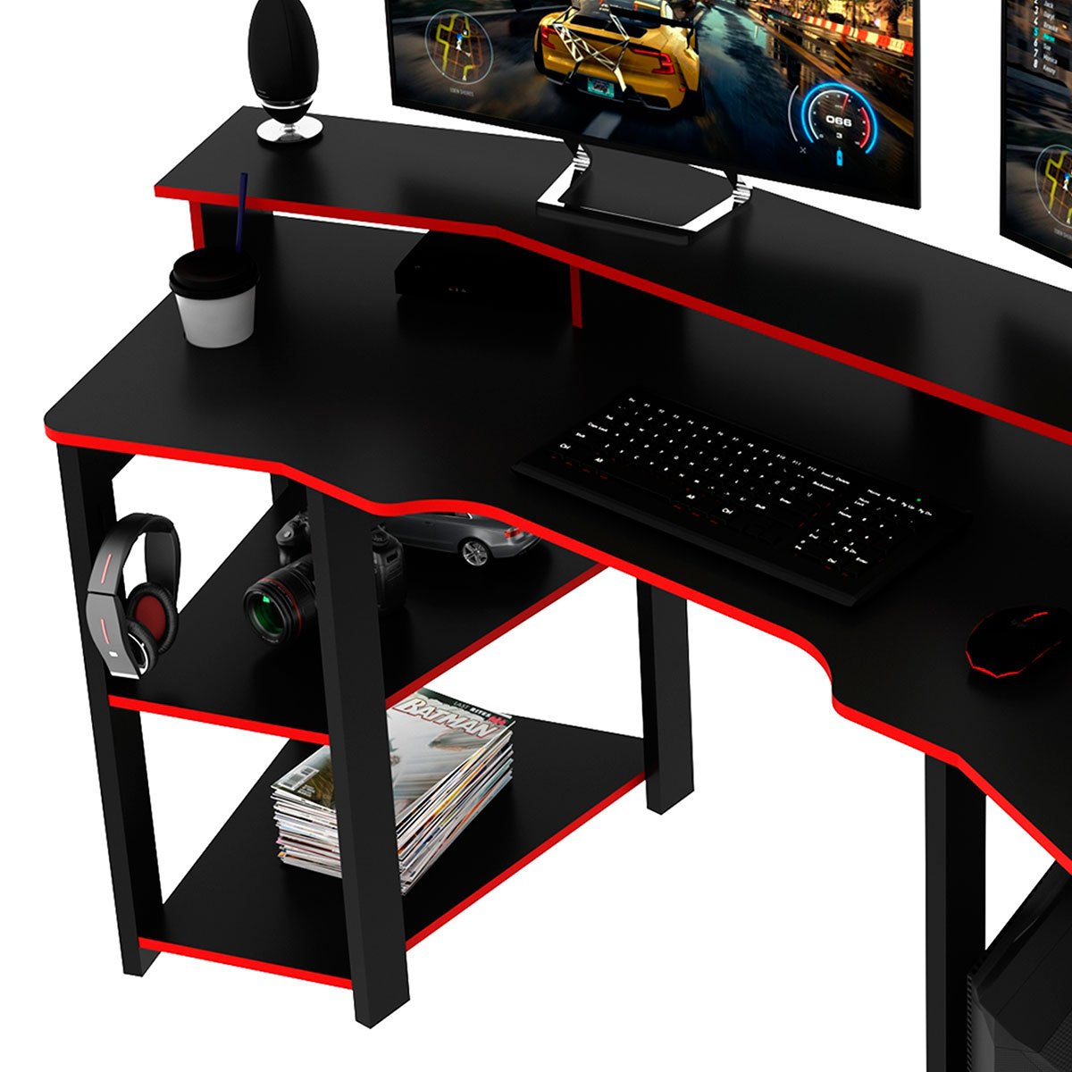 Mesa para Computador Gamer Espaço para 2 Monitores e CPU Preto/Vermelho
