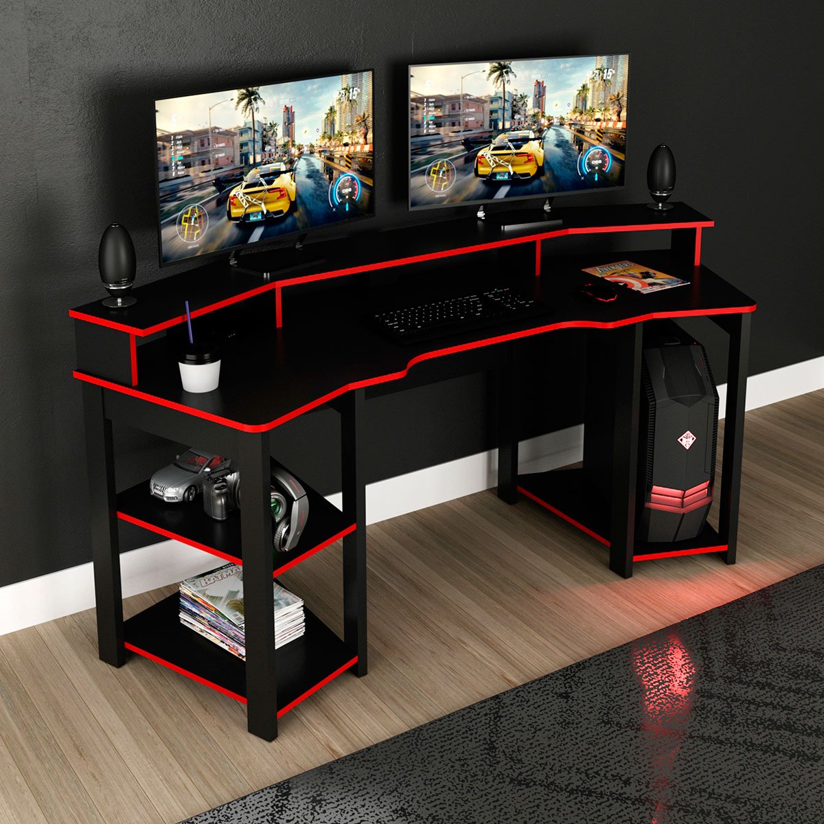 Mesa para Computador Gamer Espaço para 2 Monitores e CPU Preto/Vermelho