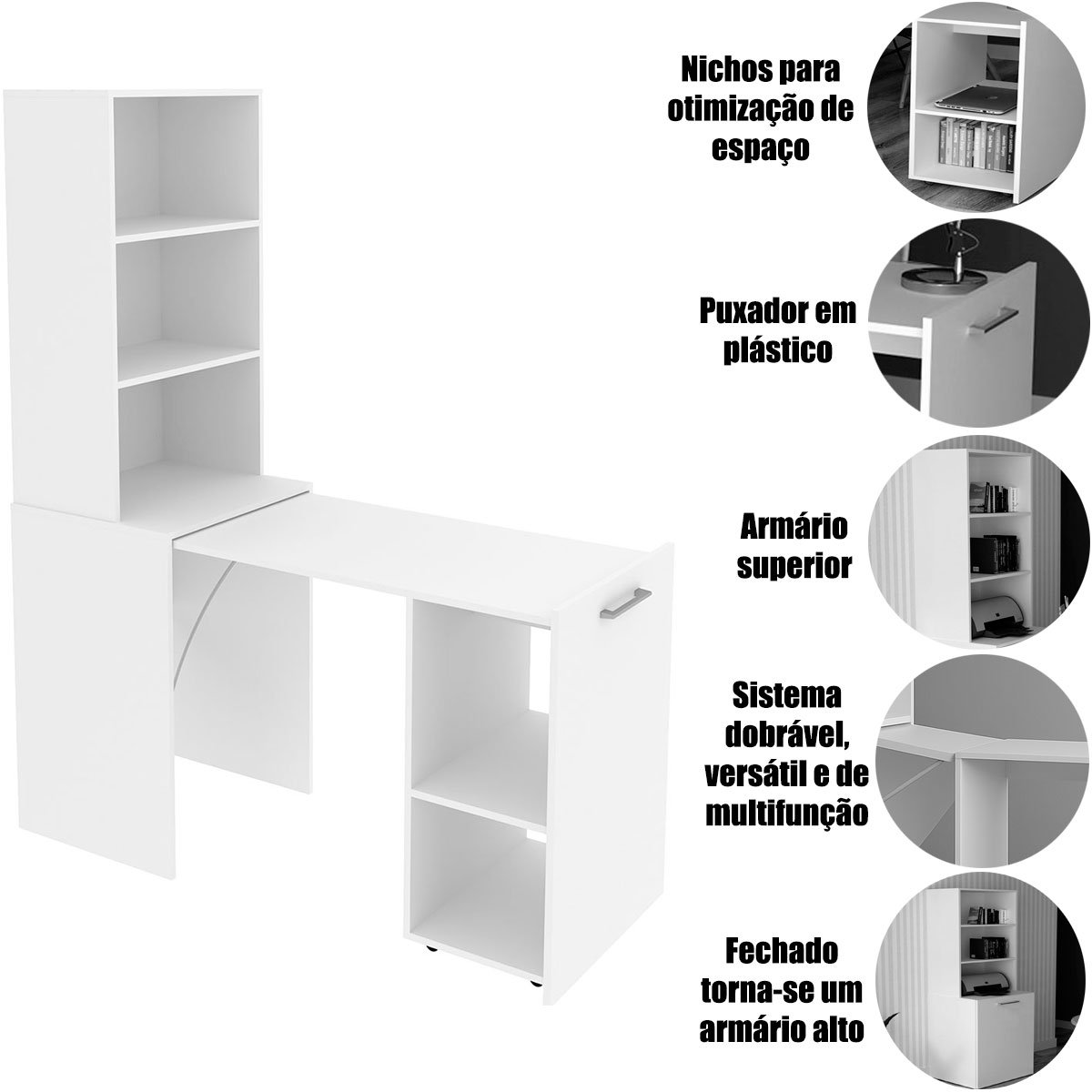 Mesa para Escritório Articulável Alta Multiuso Retrátil Amêndoa