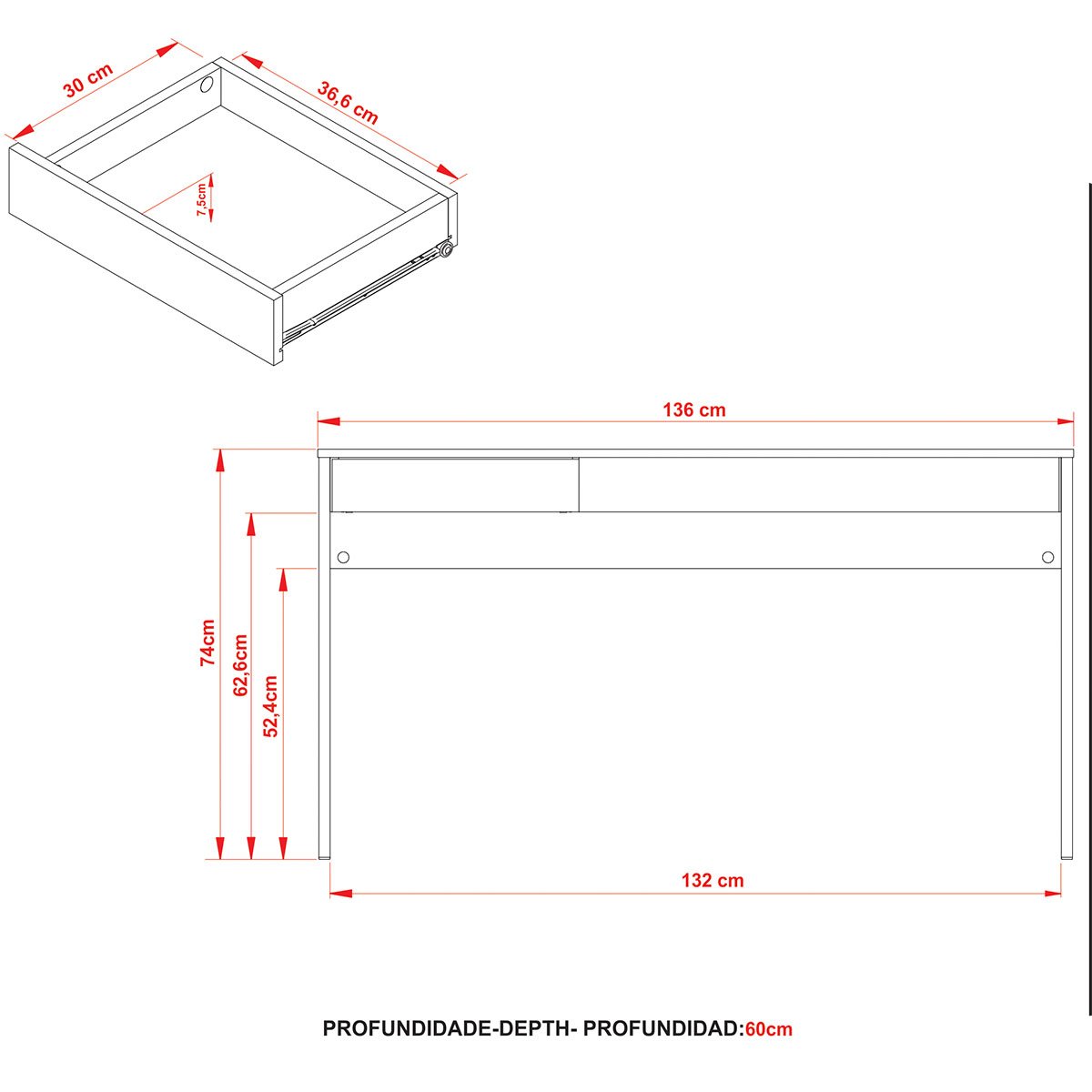 Mesa para Escritório Escrivaninha 1 Gaveta Estilo Industrial Amêndoa/Preto
