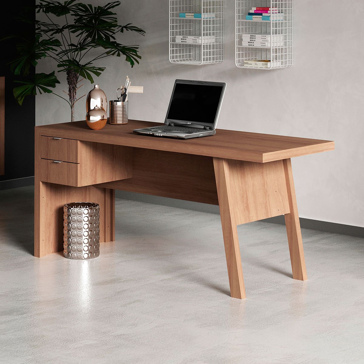 Mesa para Escritório Escrivaninha 2 Gavetas Amêndoa