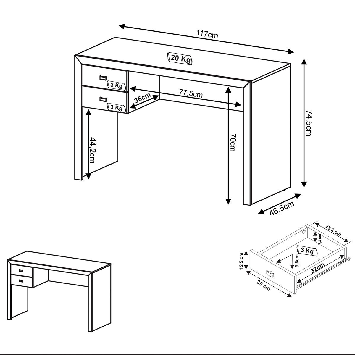 Mesa para Escritório Escrivaninha 2 Gavetas Amêndoa
