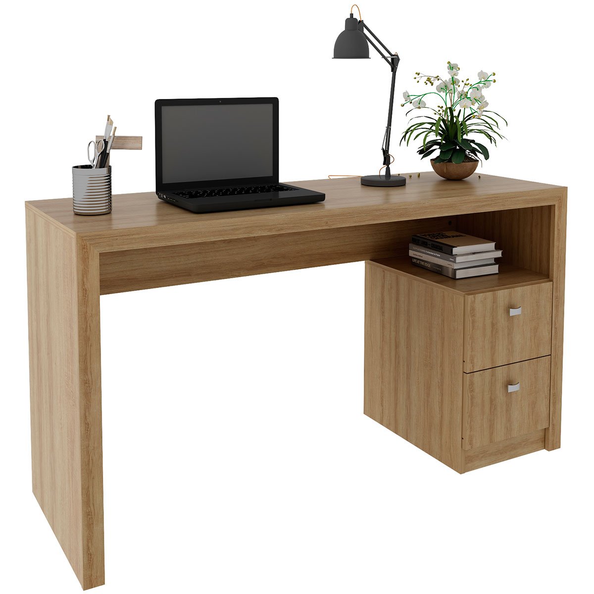 Mesa para Escritório Escrivaninha 2 Gavetas Amêndoa