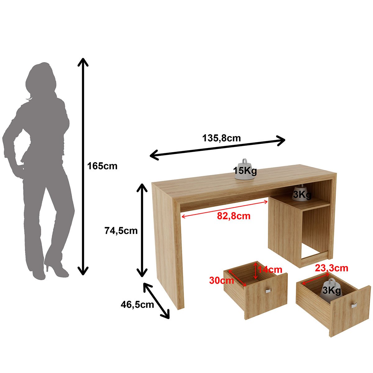 Mesa para Escritório Escrivaninha 2 Gavetas Amêndoa