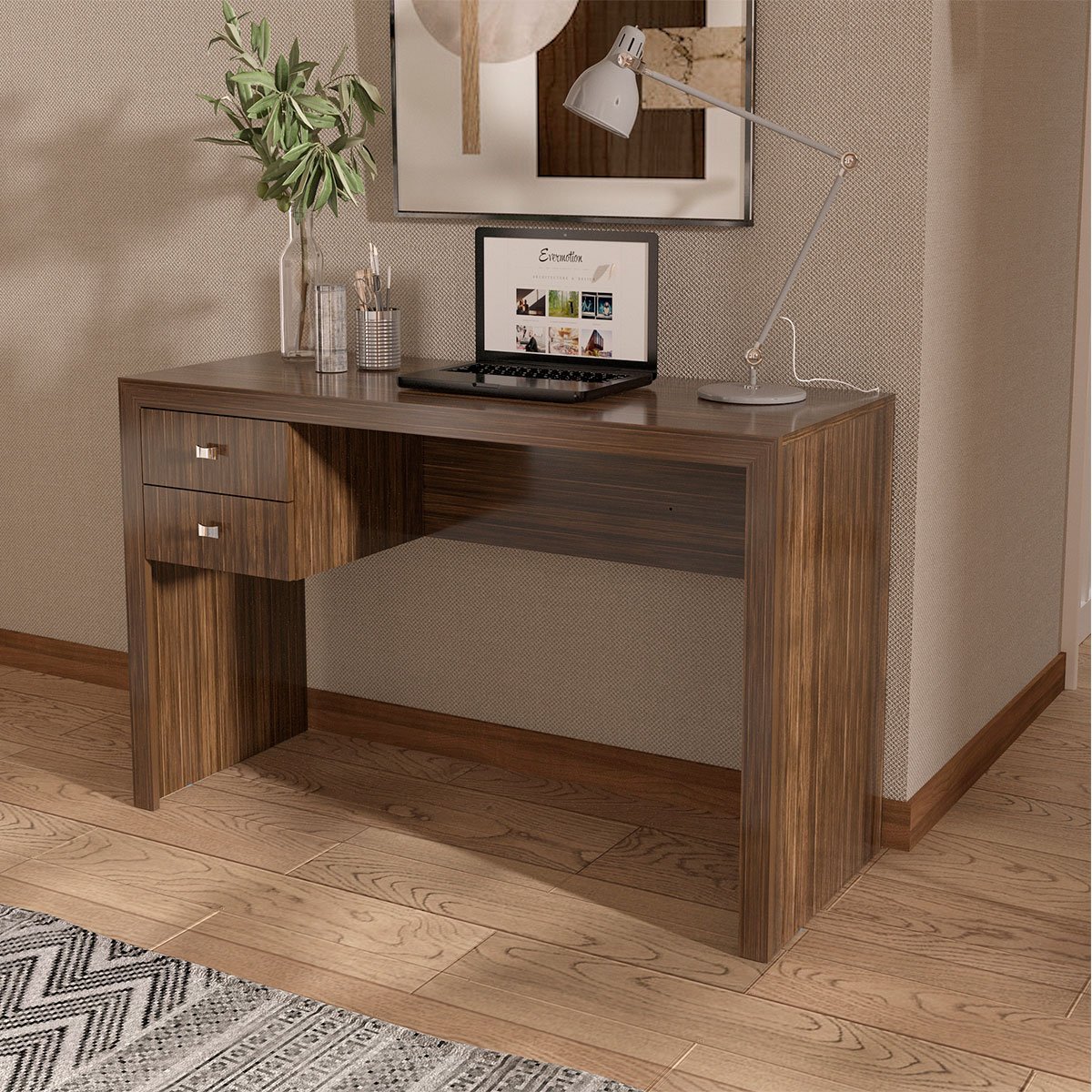 Mesa para Escritório Escrivaninha 2 Gavetas Nogal