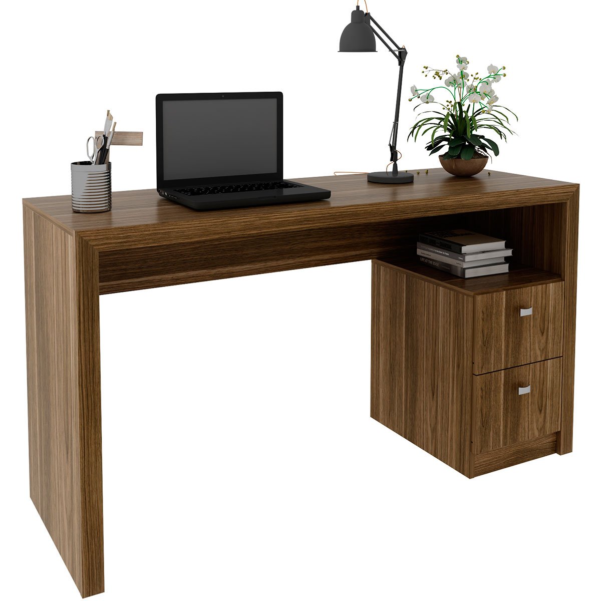 Mesa para Escritório Escrivaninha 2 Gavetas Nogal