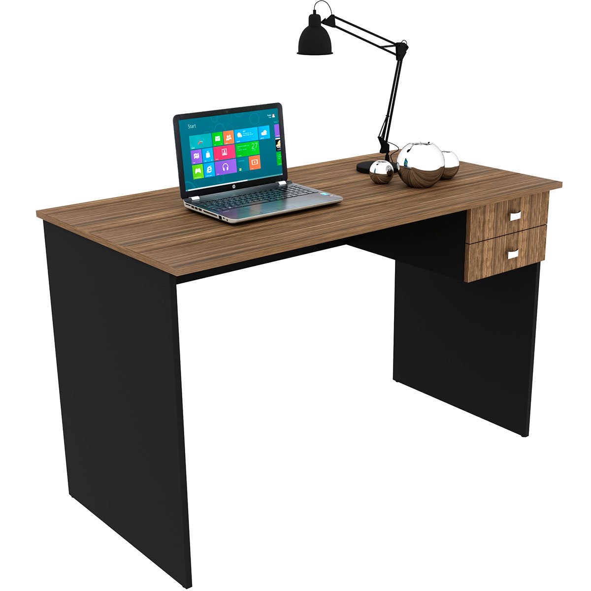 Mesa para Escritório Escrivaninha 2 Gavetas Nogal/Preto