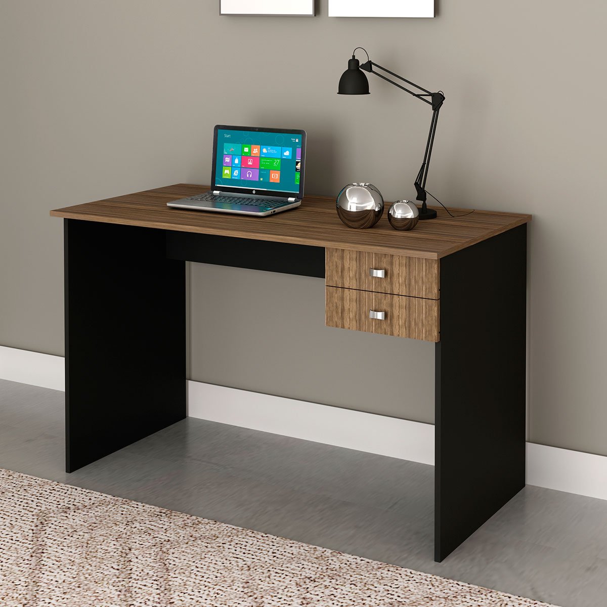 Mesa para Escritório Escrivaninha 2 Gavetas Nogal/Preto