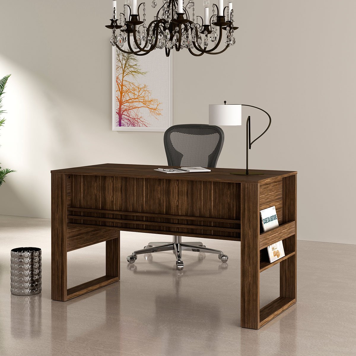 Mesa para Escritório Escrivaninha Detalhe Ripado Nogal
