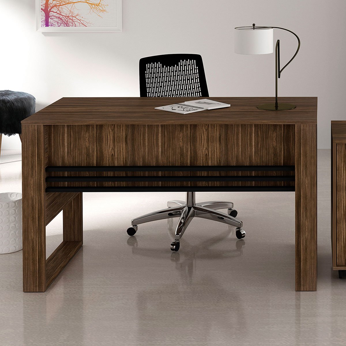 Mesa para Escritório Escrivaninha Detalhe Ripado Nogal/Preto