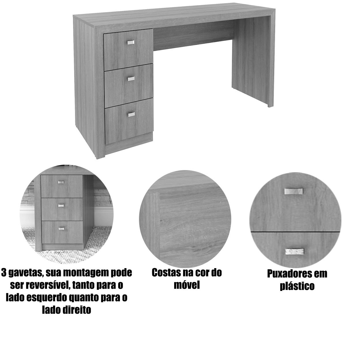 Mesa para Escritório Reversível 136 cm 3 gavetas Rústico