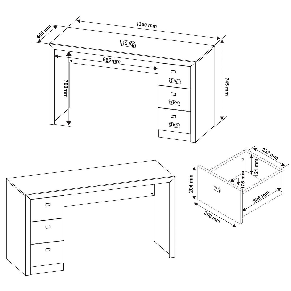 Mesa para Escritório Reversível 136 cm 3 gavetas Rústico