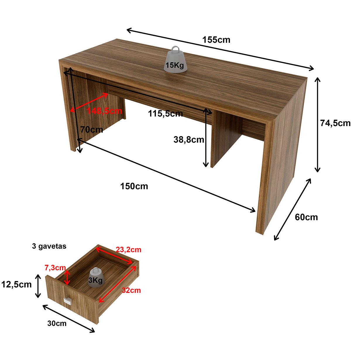Mesa para Escritório Reversível 155 cm 3 gavetas Nogal