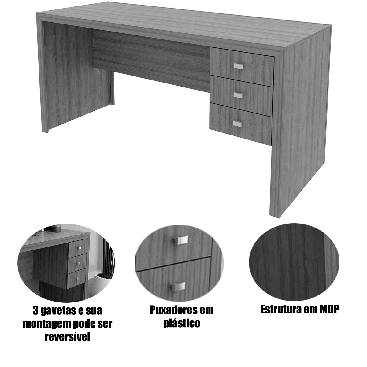 Mesa para Escritório Reversível 155 cm 3 gavetas Preto