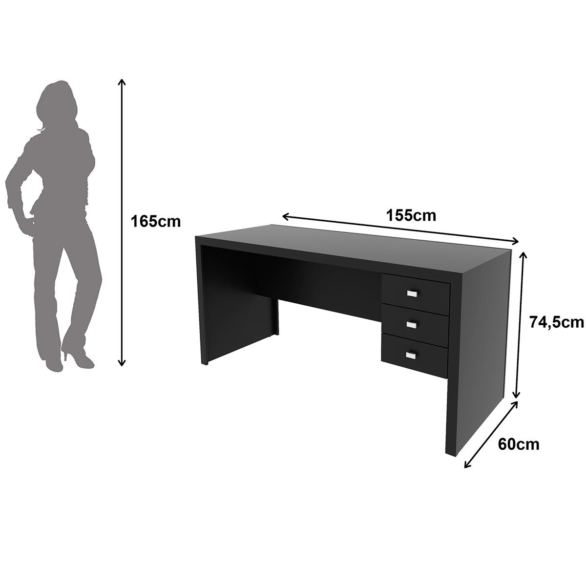 Mesa para Escritório Reversível 155 cm 3 gavetas Preto