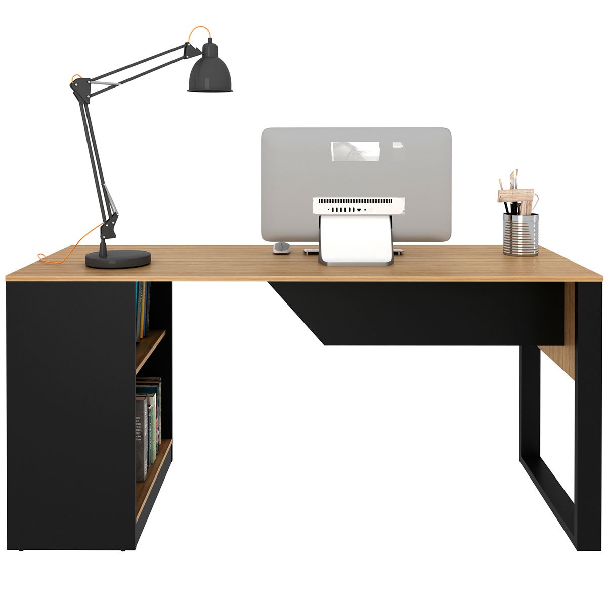 Mesa para Escritório com Armário Lateral 160 cm Amêndoa/Preto