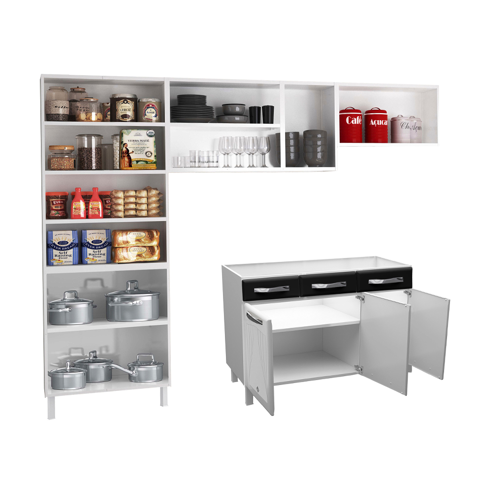 Cozinha Compacta Star New 14 Portas 2 Gavetas Branca e Preta