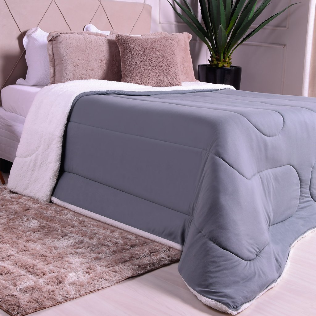 Coberdrom Duetto King Malha 100% Algodão Sherpa 240x260cm Granizo