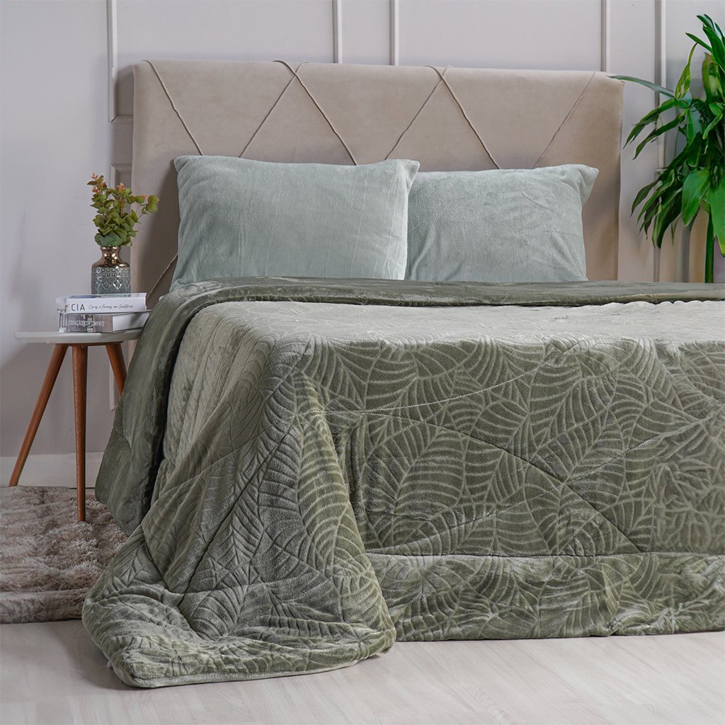 Edredom Solteiro Plush Sense New Dupla Face Toque Flannel 160x220cm Oliva Escuro