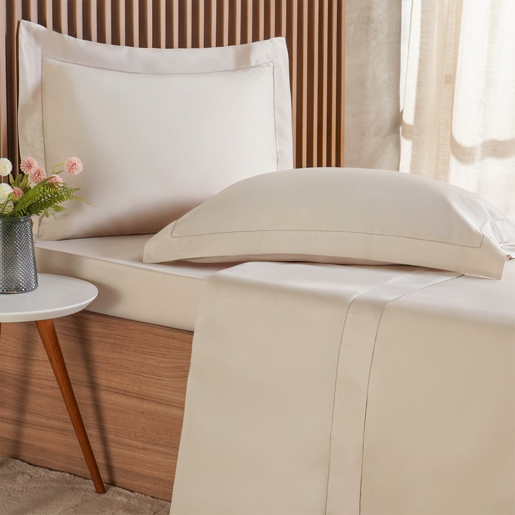 Jogo de Cama Queen 4 Pçs Ricamo 300 Fios 100% Algodão 160x200x40cm Biscuit