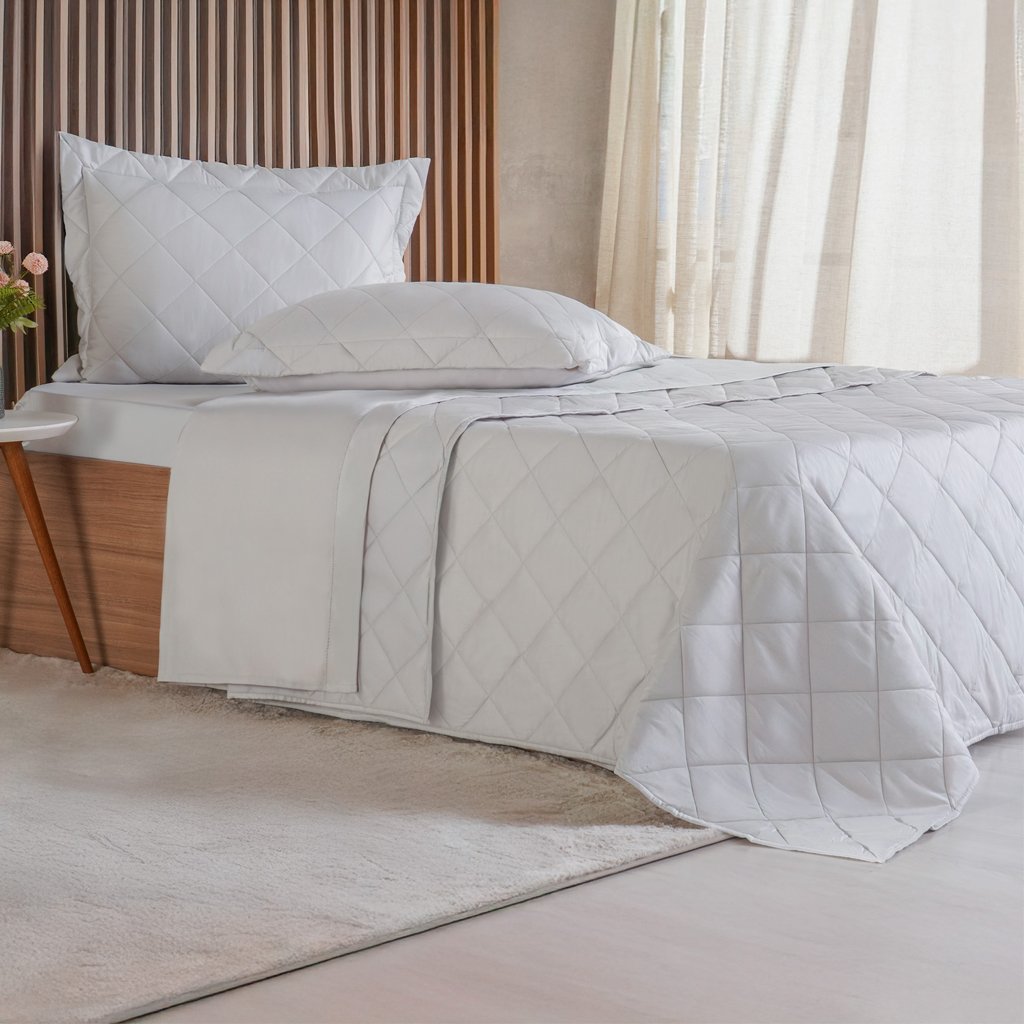Kit Colcha Casal 3 Pçs Ricamo 300 Fios 100% Algodão 220x240cm Cinza Fog