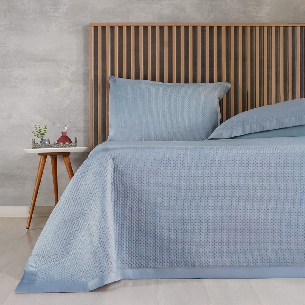 Kit Colcha Queen Satinatta Cetim 100% Poliéster 240x260cm Bruma Azul