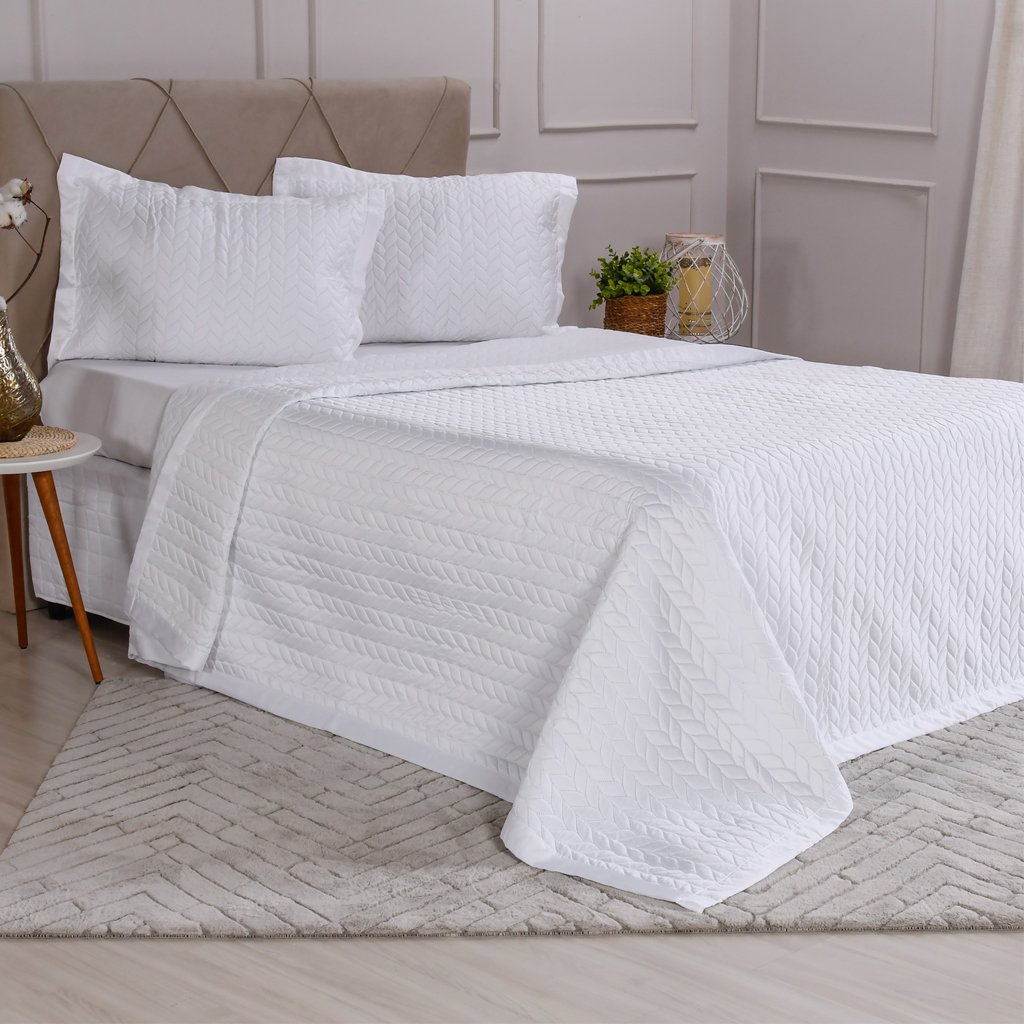 Kit Colcha Queen Satinatta Cetim Toque Pele de Pessego 240x260cm Branco