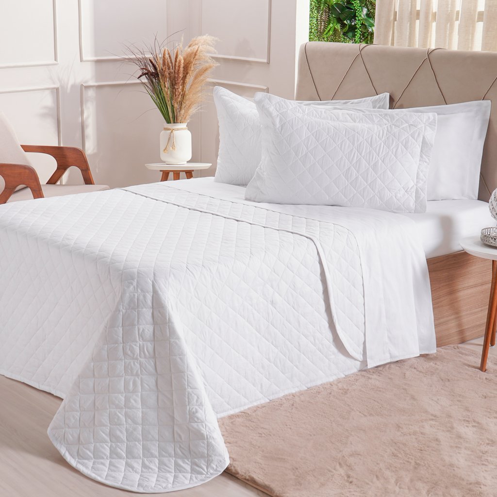 Kit Colcha Solteiro 200 Fios Lisa 160x240cm Branco