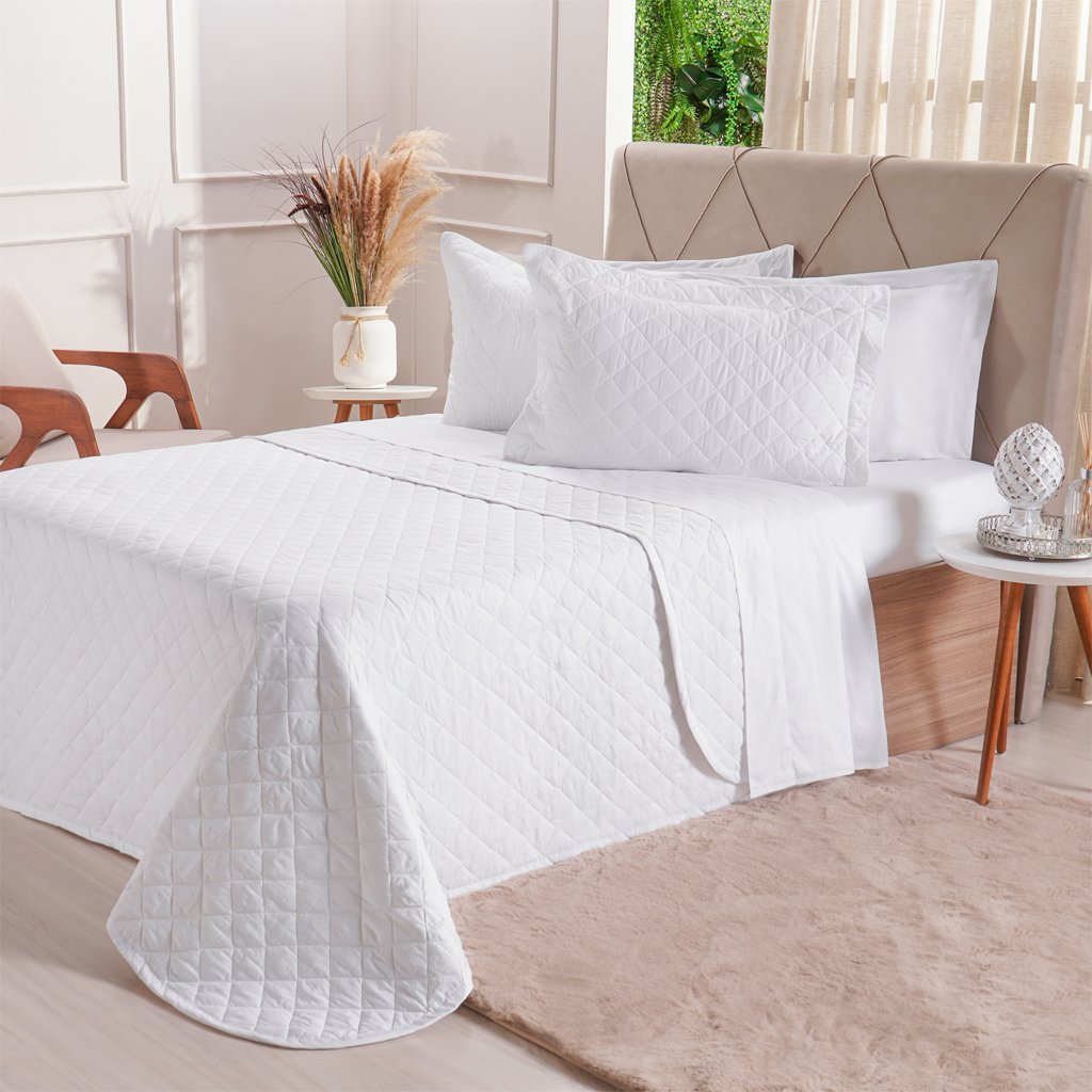 Kit Colcha Solteiro 200 Fios Lisa 160x240cm Branco