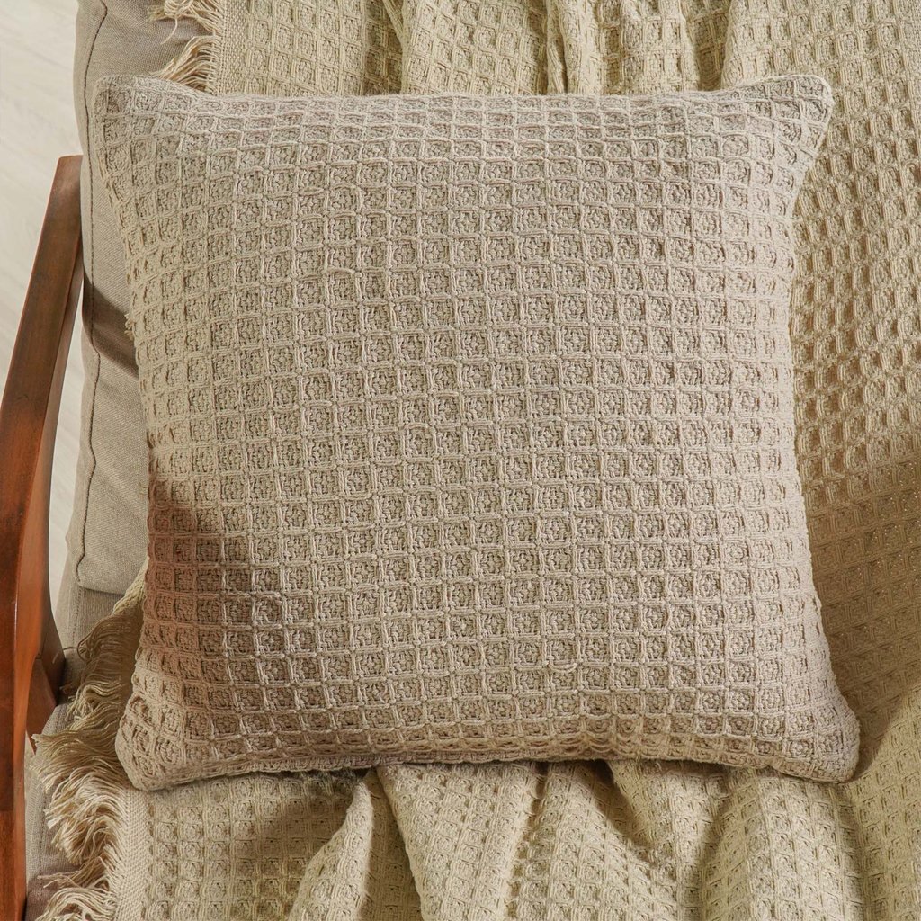 Kit Manta e 2 Capa de Almofada Decorativa para Sofá Waffle 100% Algodão 120x150cm Amendoa