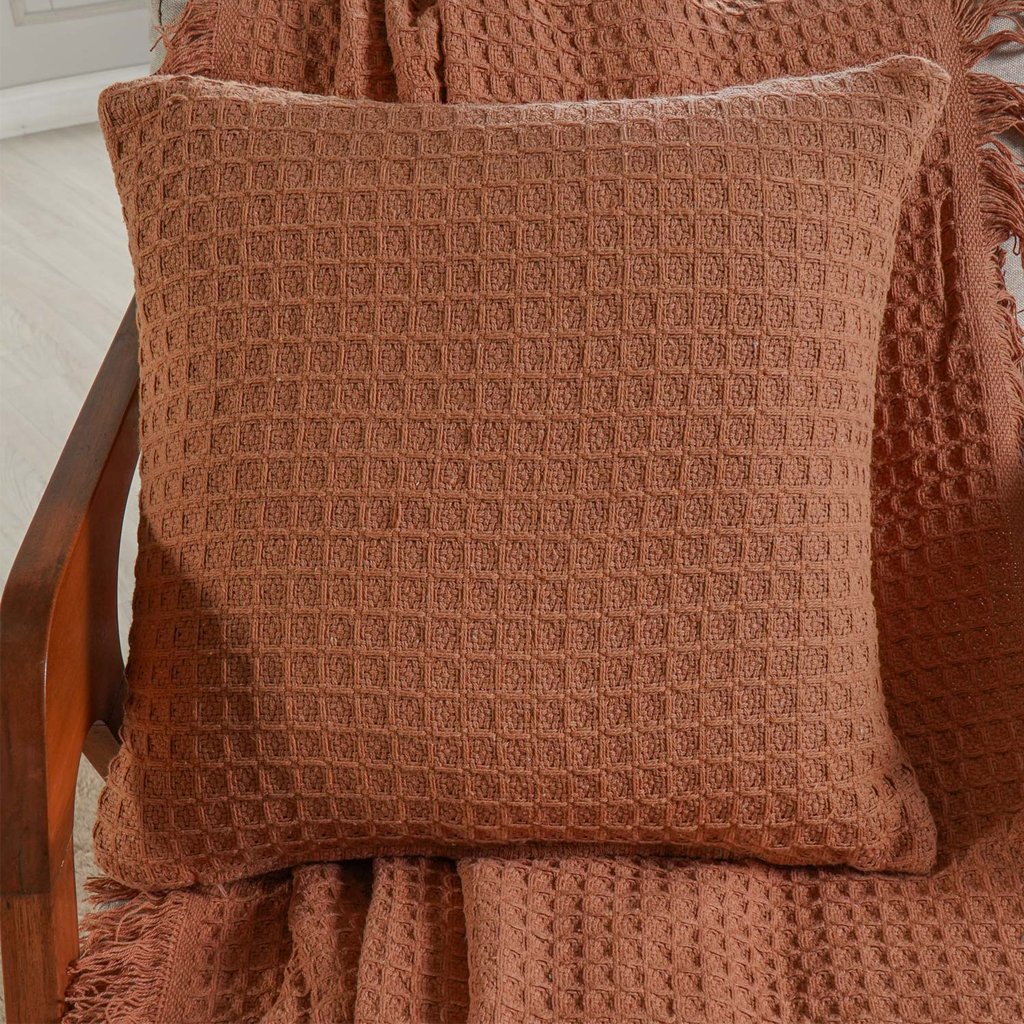 Kit Manta e 2 Capa de Almofada Decorativa para Sofá Waffle 100% Algodão 120x150cm Terracota