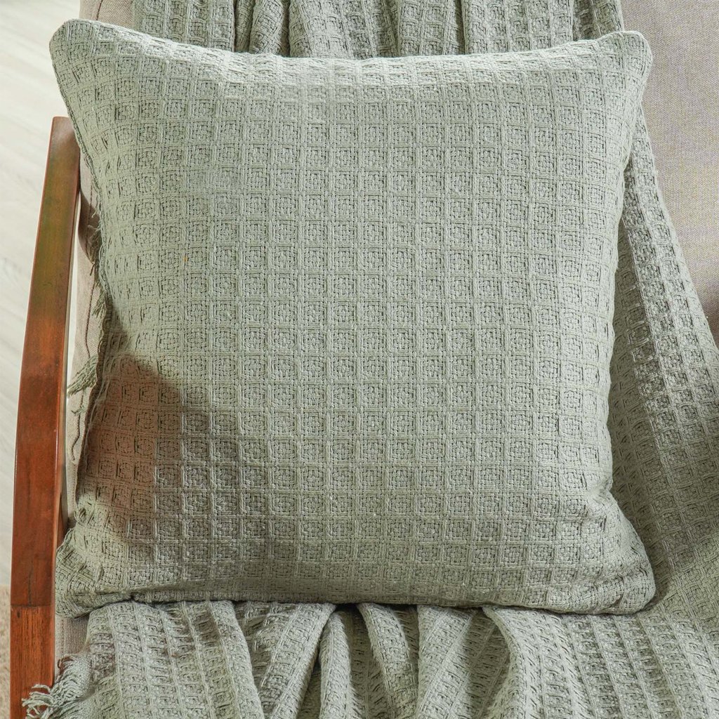 Kit Manta e Capa de Almofada Decorativa para Sofá Waffle 100% Algodão 120x150cm Verde Alfafa