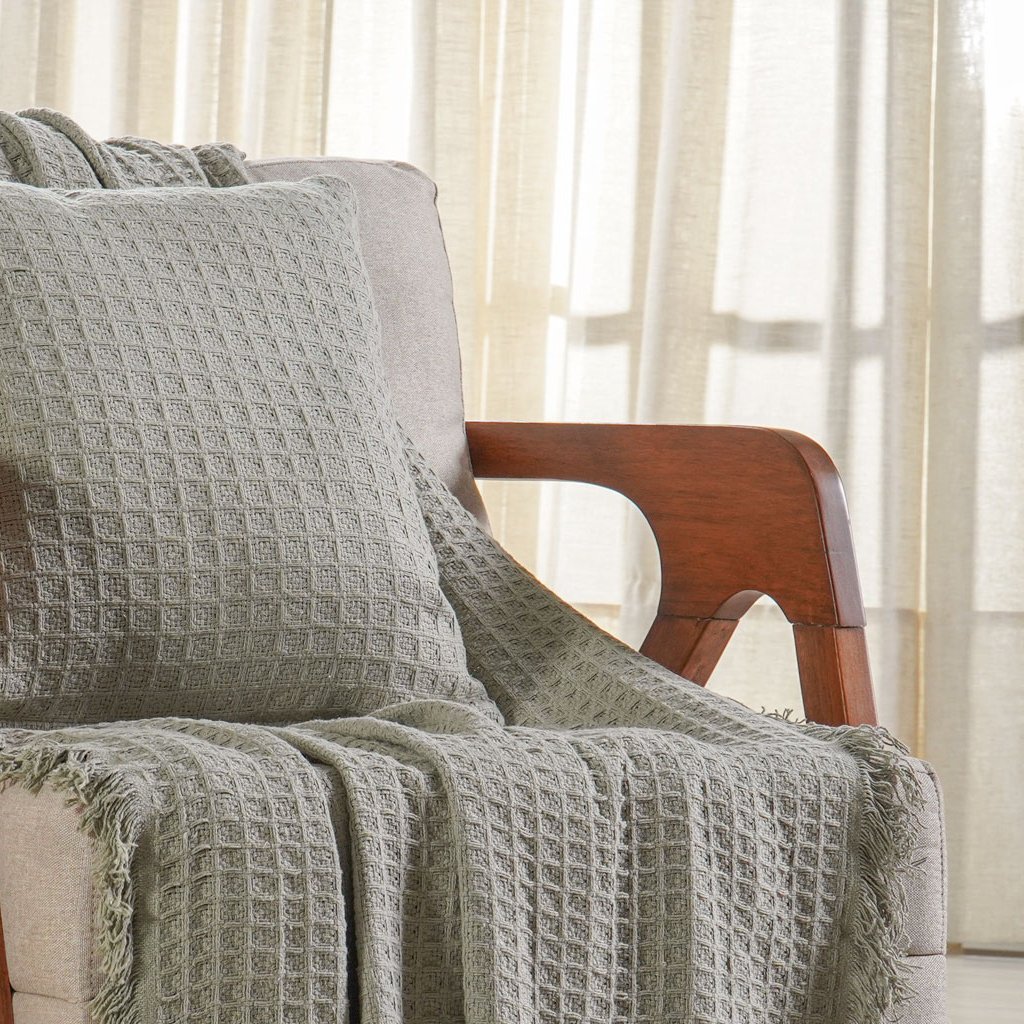 Manta Decorativa para Sofá Waffle 100% Algodão 160x220cm Verde Alfafa